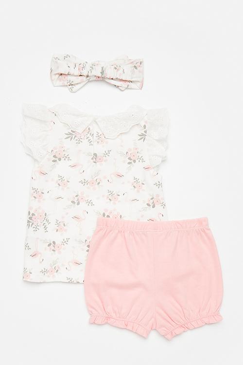 Apron dress & short set with bow headband - pink/floral