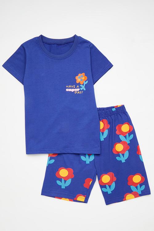 Tee & printed short set - blue