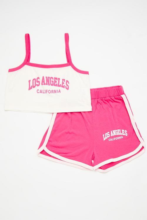 Camisole & curved hem shorts set - white & deep pink