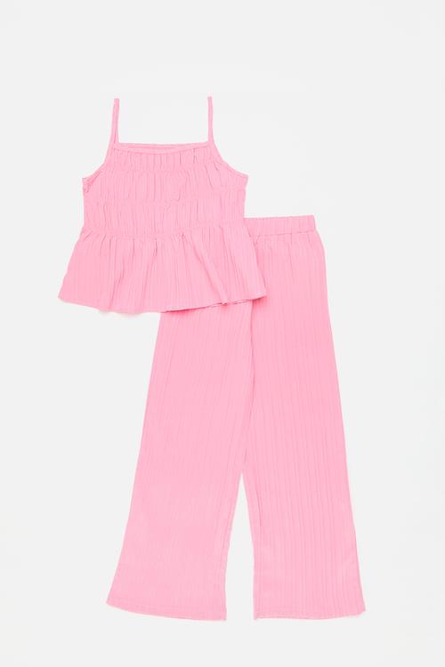 Shirred peplum top & wide leg pants set - flamingo pink