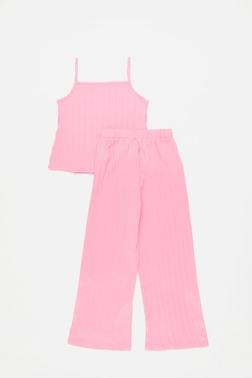 Shirred peplum top & wide leg pants set - flamingo pink
