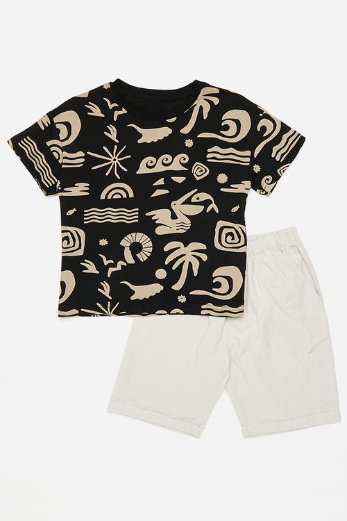 Sea theme printed tee & plain shorts - black/ivory