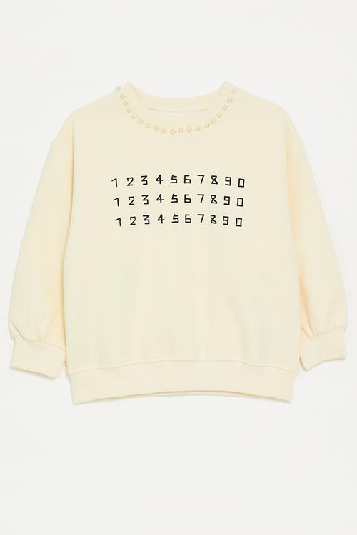 Pearl beaded neckline sweatshirt - cream