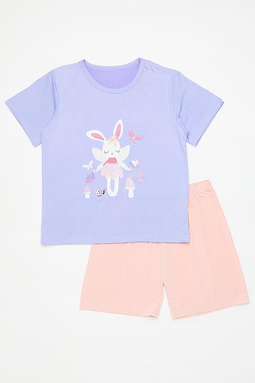 Tee & shorts pj set - periwinkle/pink/bunny