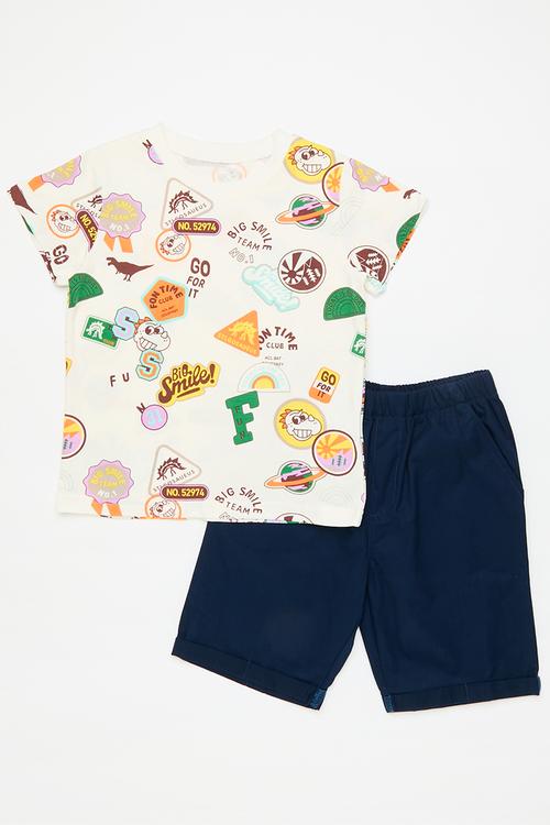 Sticker all-over-print tee with plain shorts - multi/black