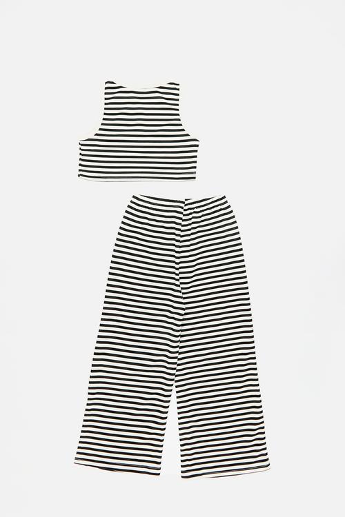 Sleeveless cropped tee & wide leg pant set - white/black stripes