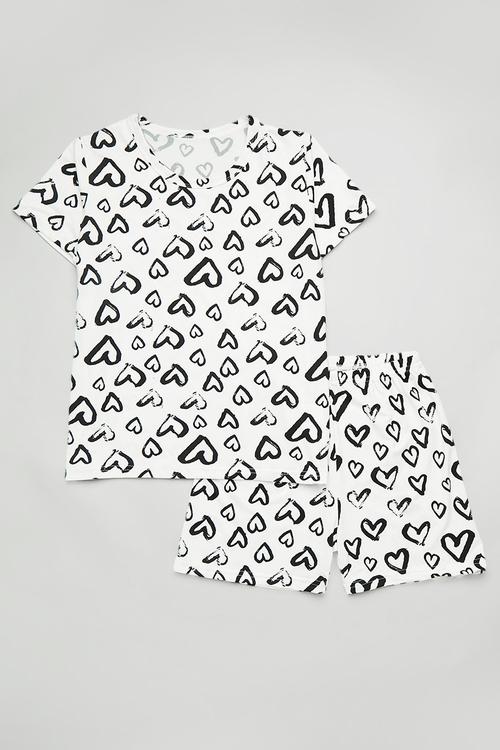 Tee & shorts pj set - white/black hearts