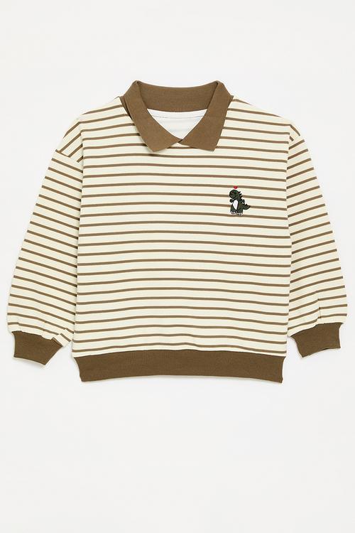 Striped collared sweat top - ecru & brown
