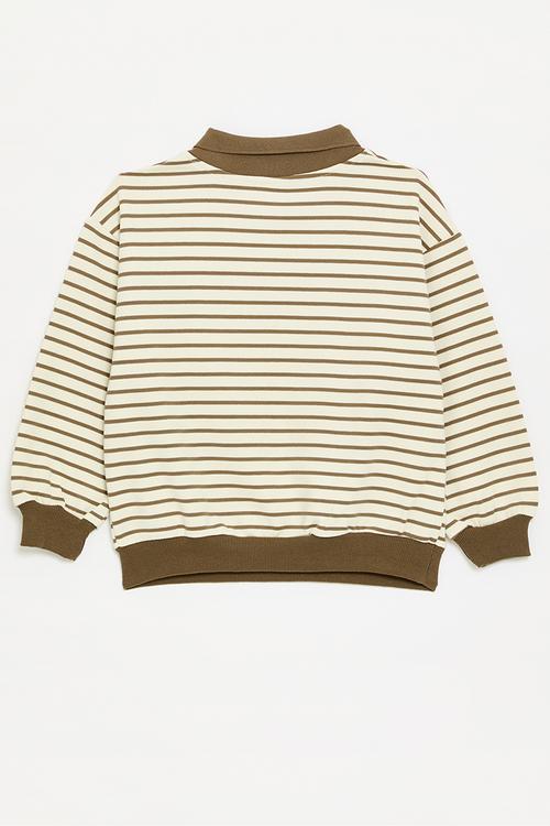 Striped collared sweat top - ecru & brown