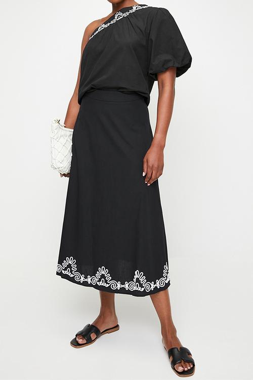 Co-Ord Asym Embroidered Detail Top - Black