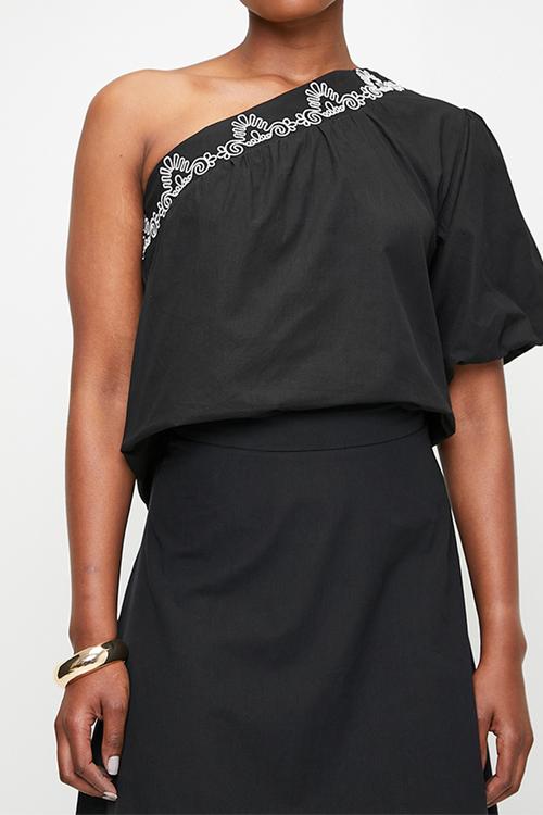 Co-Ord Asym Embroidered Detail Top - Black