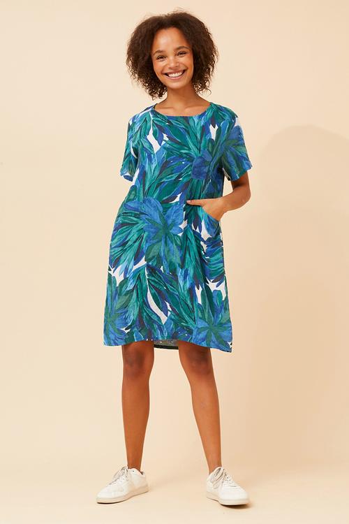 S/S Crew Neck Easy Wearing Lightweight Pocket Front Midi Dress - Multi Green And Blue
