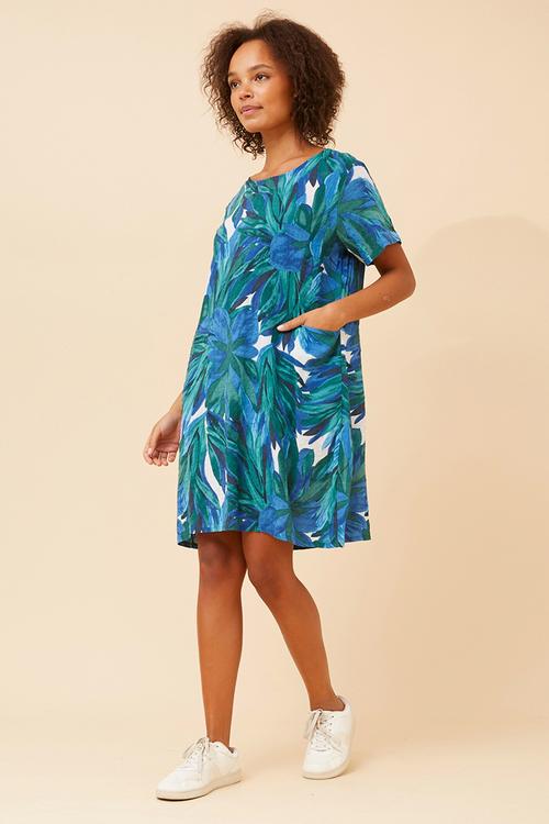 S/S Crew Neck Easy Wearing Lightweight Pocket Front Midi Dress - Multi Green And Blue