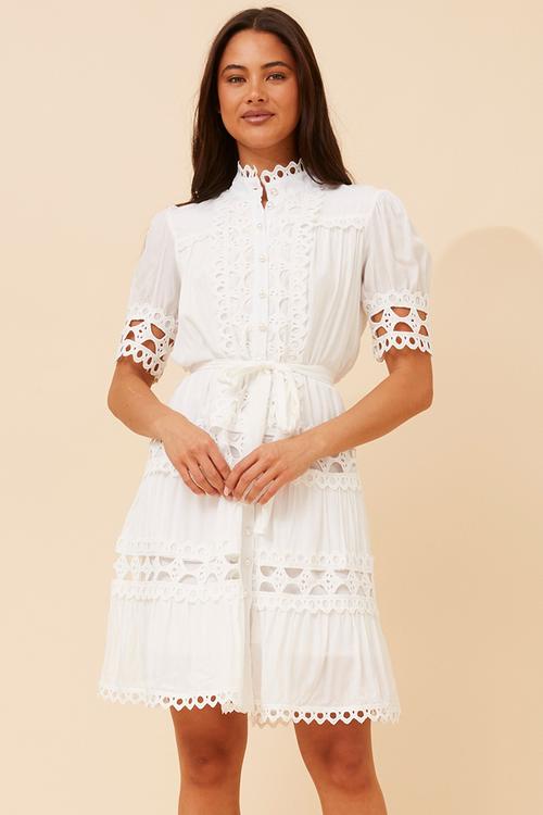 Lace button through s/s midi dress with mandarin scallop lace detail - white