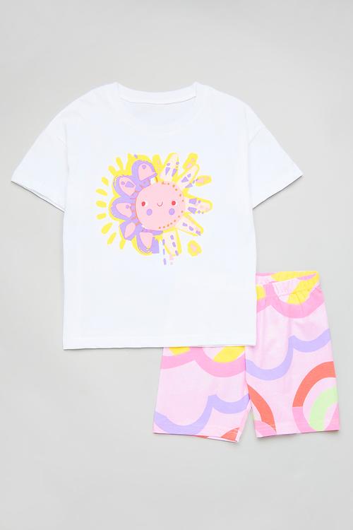 Smiling sun graphic tee with cycling shorts - white/pink/multi