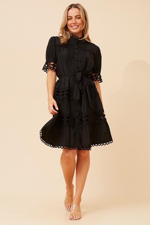 Lace button through s/s midi dress with mandarin scallop lace detail - black