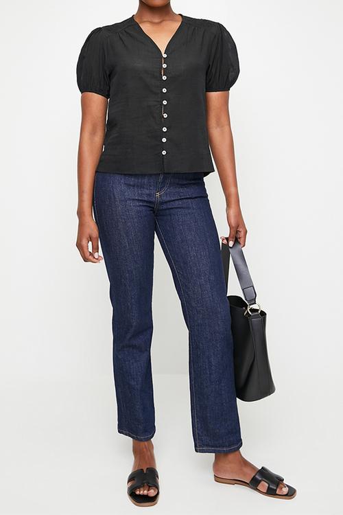 Ramie Blouse With Cornelli Crochet Trim Detail - Black