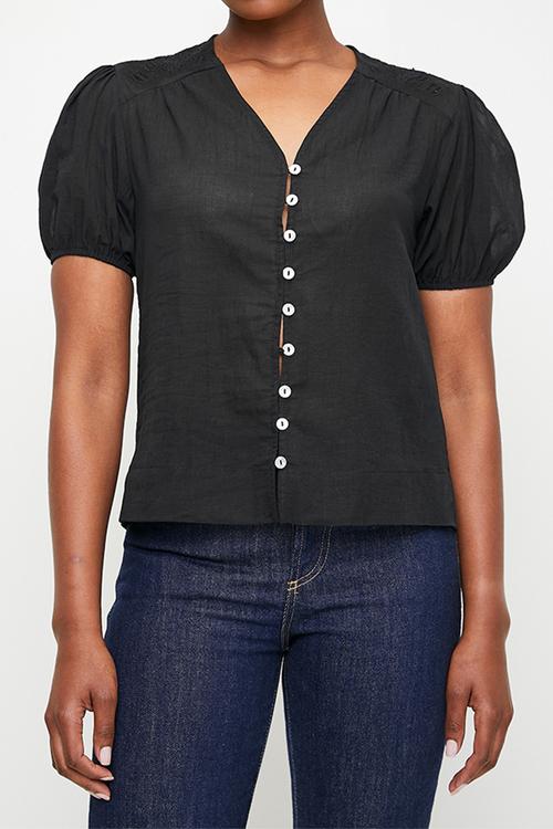 Ramie Blouse With Cornelli Crochet Trim Detail - Black