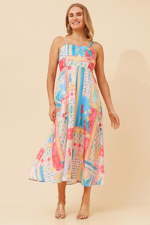 Strappy tie boobtube all over print maxi dress a-line - multi