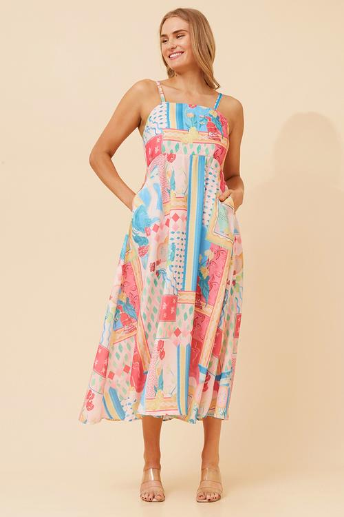 Strappy tie boobtube all over print maxi dress a-line - multi