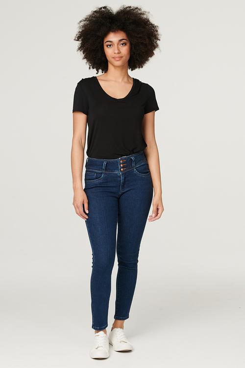 3 Button Waistband Skinny Ankle Denim Jean - Dark Denim