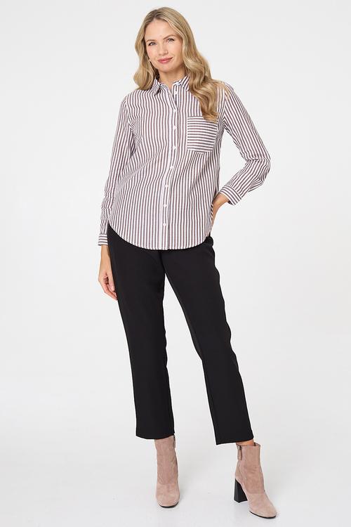L/S Collared Button Through Stripe Shirt With Pocket - Chocolate