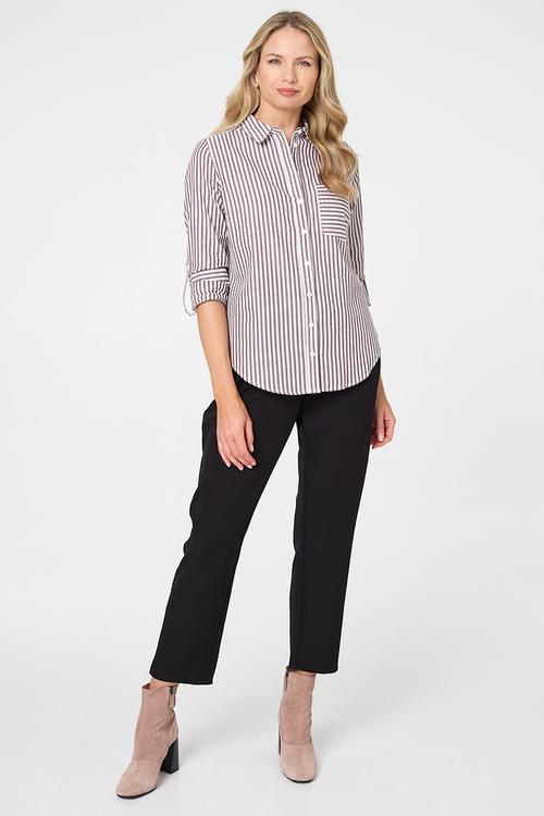 L/S Collared Button Through Stripe Shirt With Pocket - Chocolate