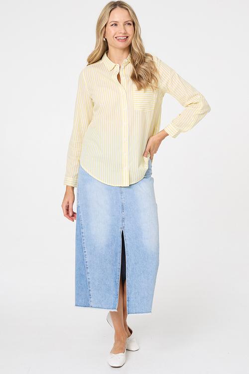 L/S Collared Button Through Stripe Shirt With Pocket - Lemon Sorbet