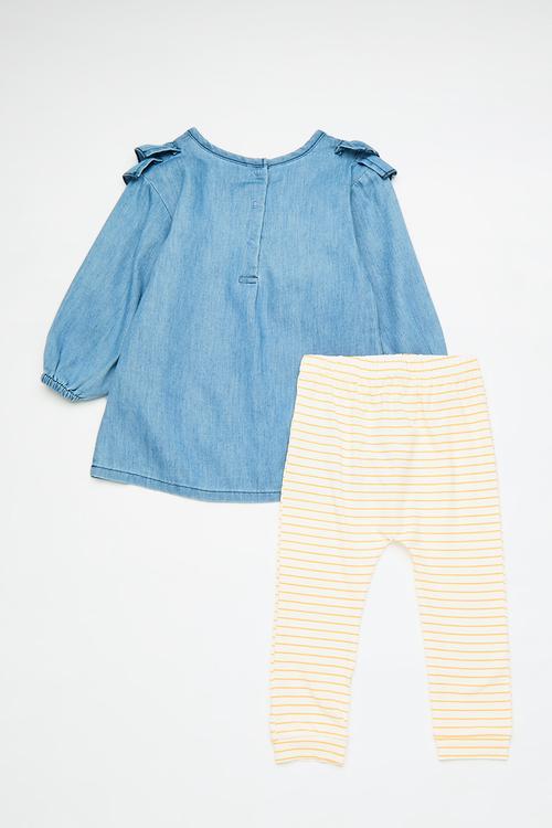 Embroidered chambray denim blouse with leggings - blue/cream