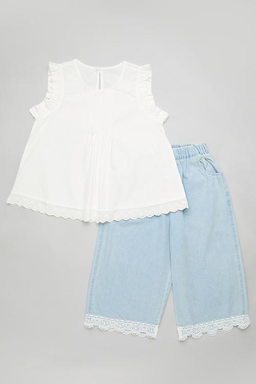 Lace tee & baggy jean set - white/blue