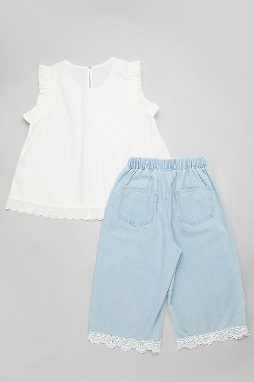 Lace tee & baggy jean set - white/blue