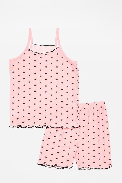 Camisole & shorts pj set - light pink/black hearts