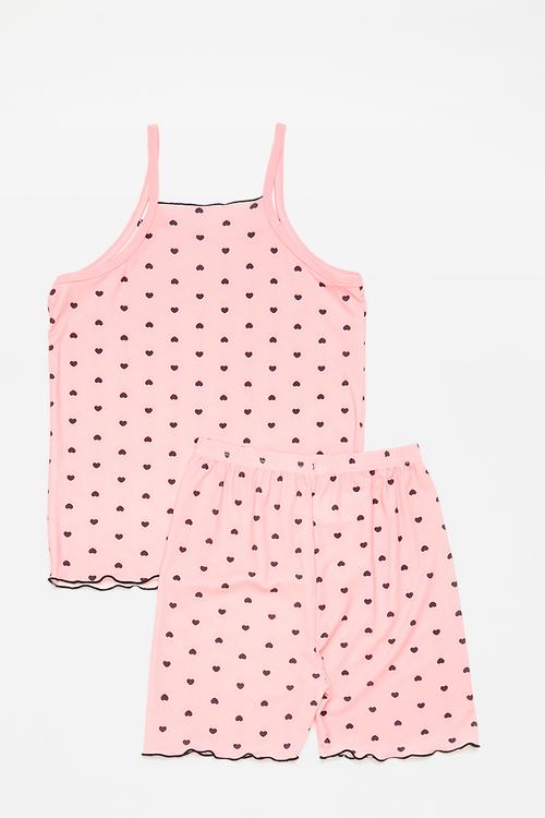 Camisole & shorts pj set - light pink/black hearts