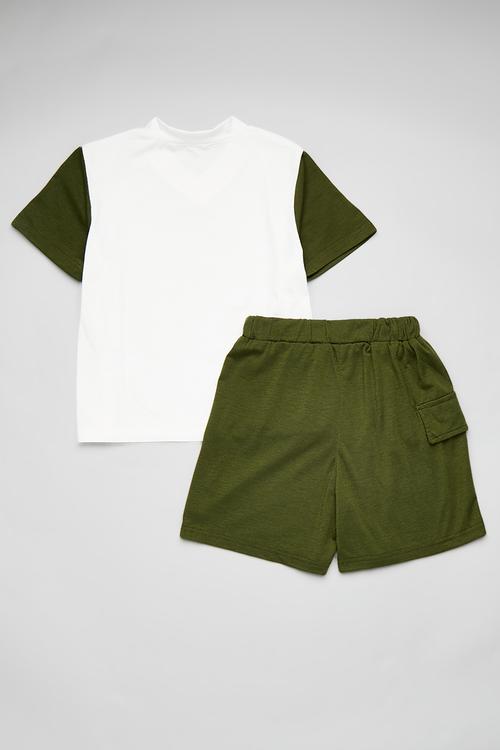 V-neck tee & shorts set - white/dark green