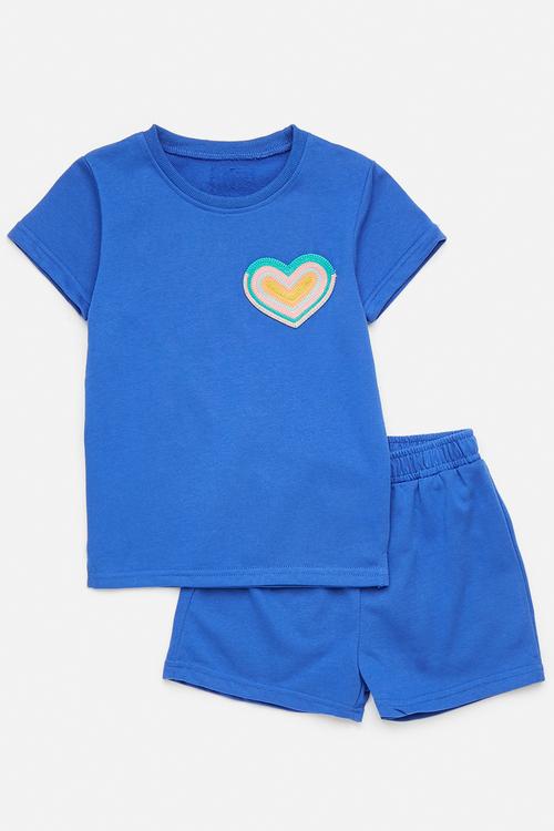 Embroidered heart tee & shorts - royal blue