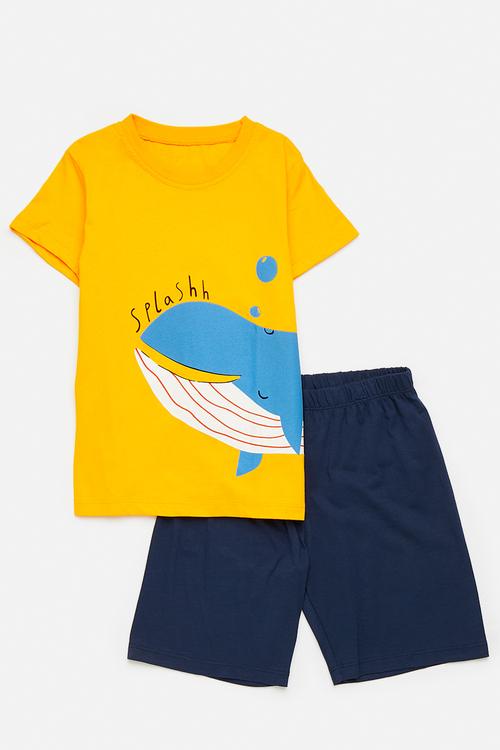 Whale graphic tee with plain shorts - yellow/navy/splashh