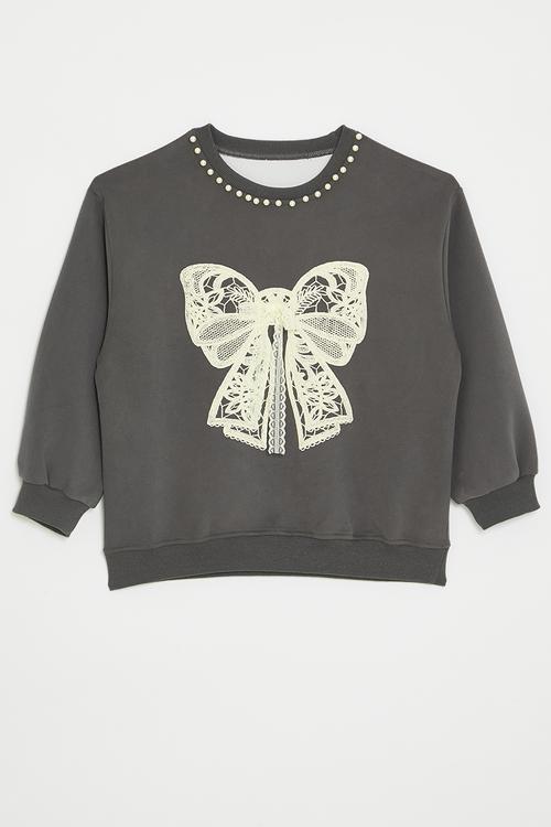 Bow applique sweat top - grey