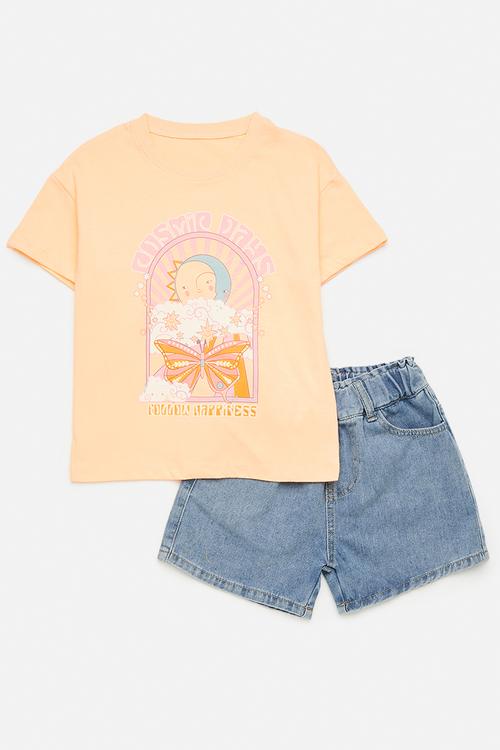 Tee & denim shorts set - orange & blue