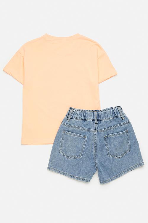 Tee & denim shorts set - orange & blue