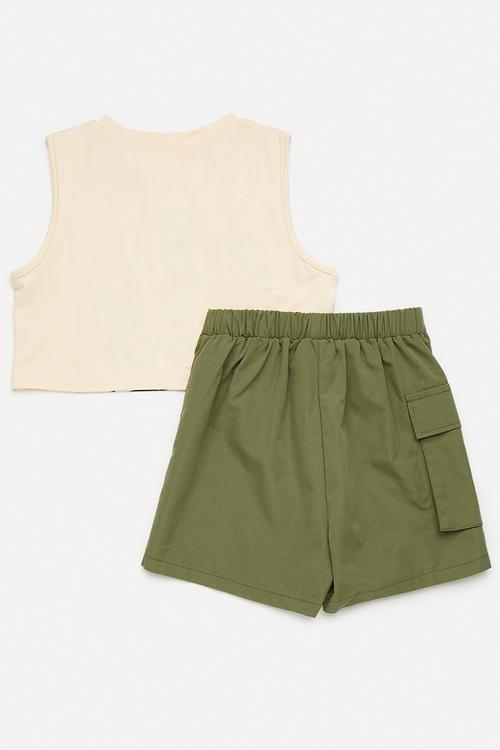 Sleeveless tee & shorts set - mother of pearl/khaki green