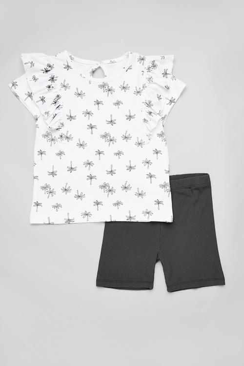 Ruffle tee & cycle short set - white & grey