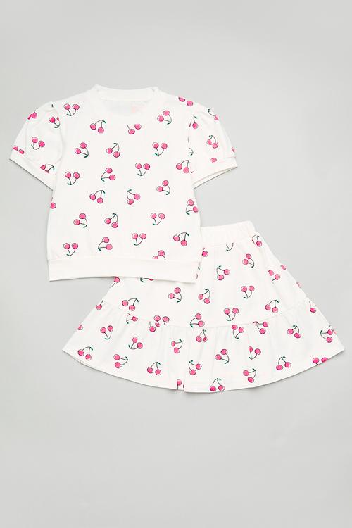 Puffed sleeve top with frilled skirt set - white/cherries