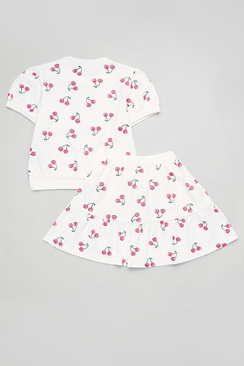Puffed sleeve top with frilled skirt set - white/cherries