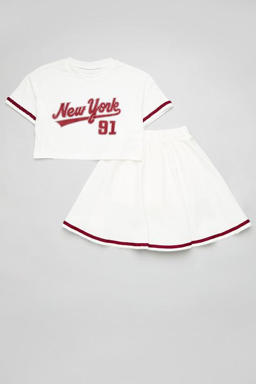 Cropped tee with gathered skirt - white/red