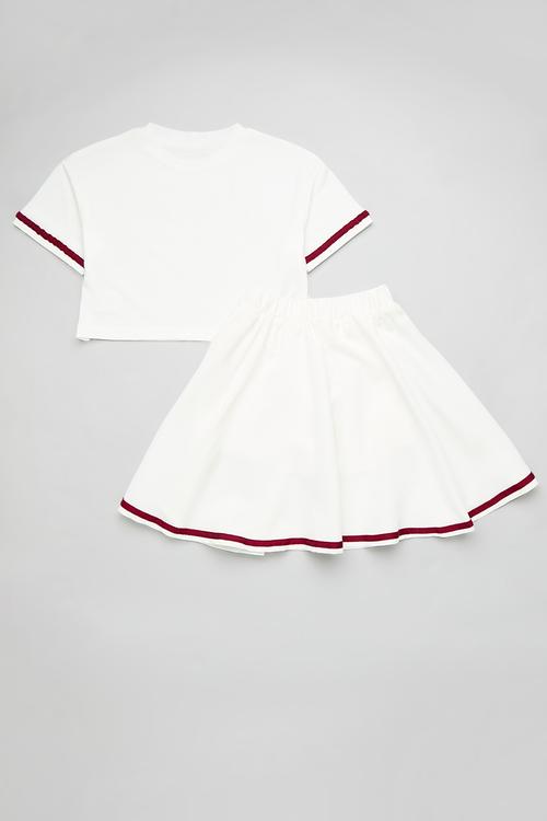 Cropped tee with gathered skirt - white/red