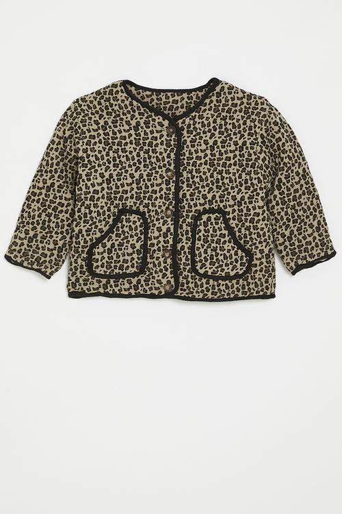 Quilted collarless jacket - leopard print/brown
