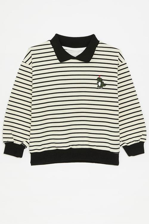 Striped collared sweat top-black & white