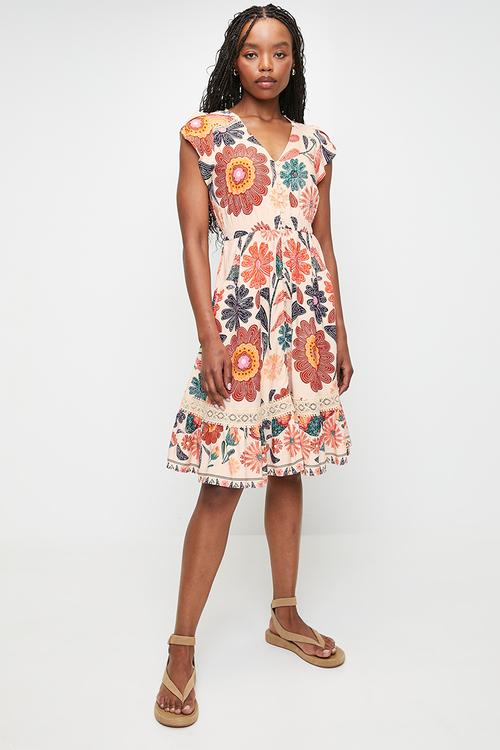 V-Neck Front Button Closure Midi Dress With Ladder Lace - Orange