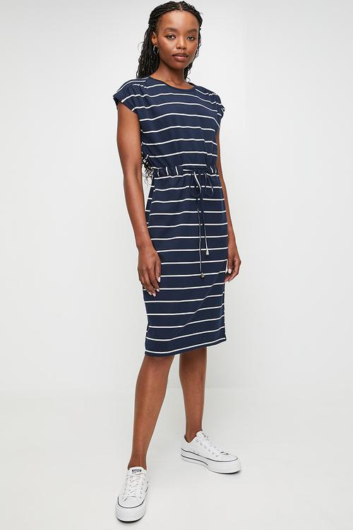 Cap Sleeve Drawcord Easy Wearing T-Shirt Midi Dress - Navy And White Stripe