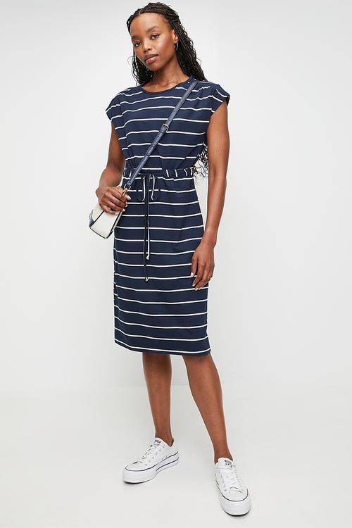Cap Sleeve Drawcord Easy Wearing T-Shirt Midi Dress - Navy And White Stripe